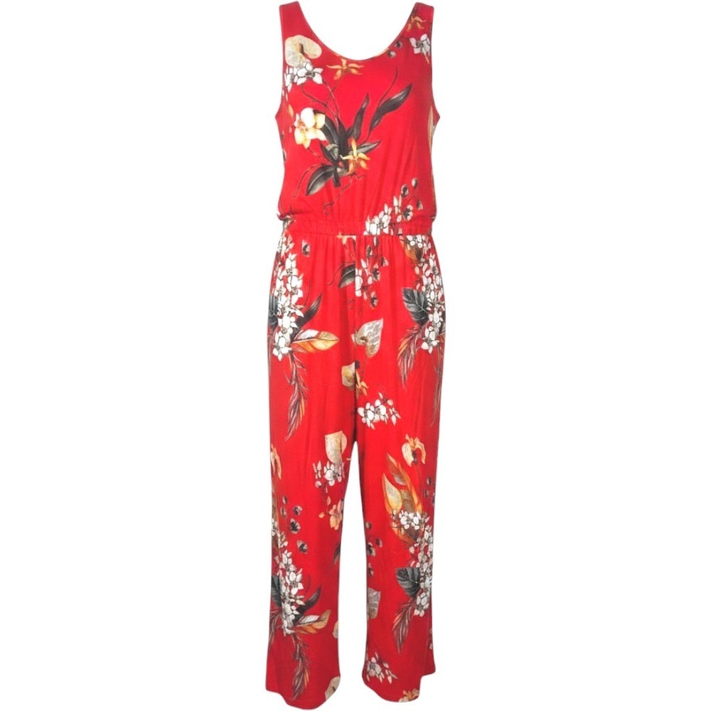 BumbleBella by Jill Martin Red Tropical Floral Wide Leg Jumpsuit Tall 2X A630333
